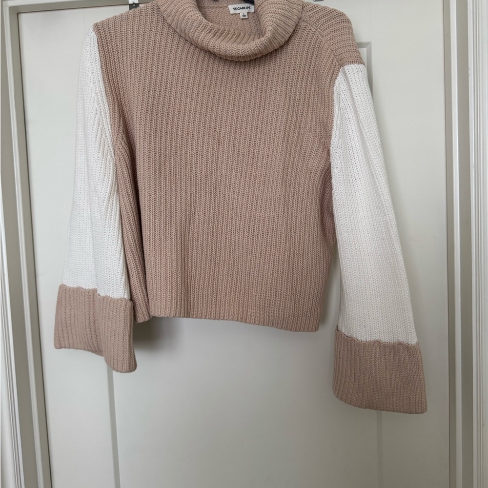 Sugarlips Tan and White Cowl Turtleneck Sweater